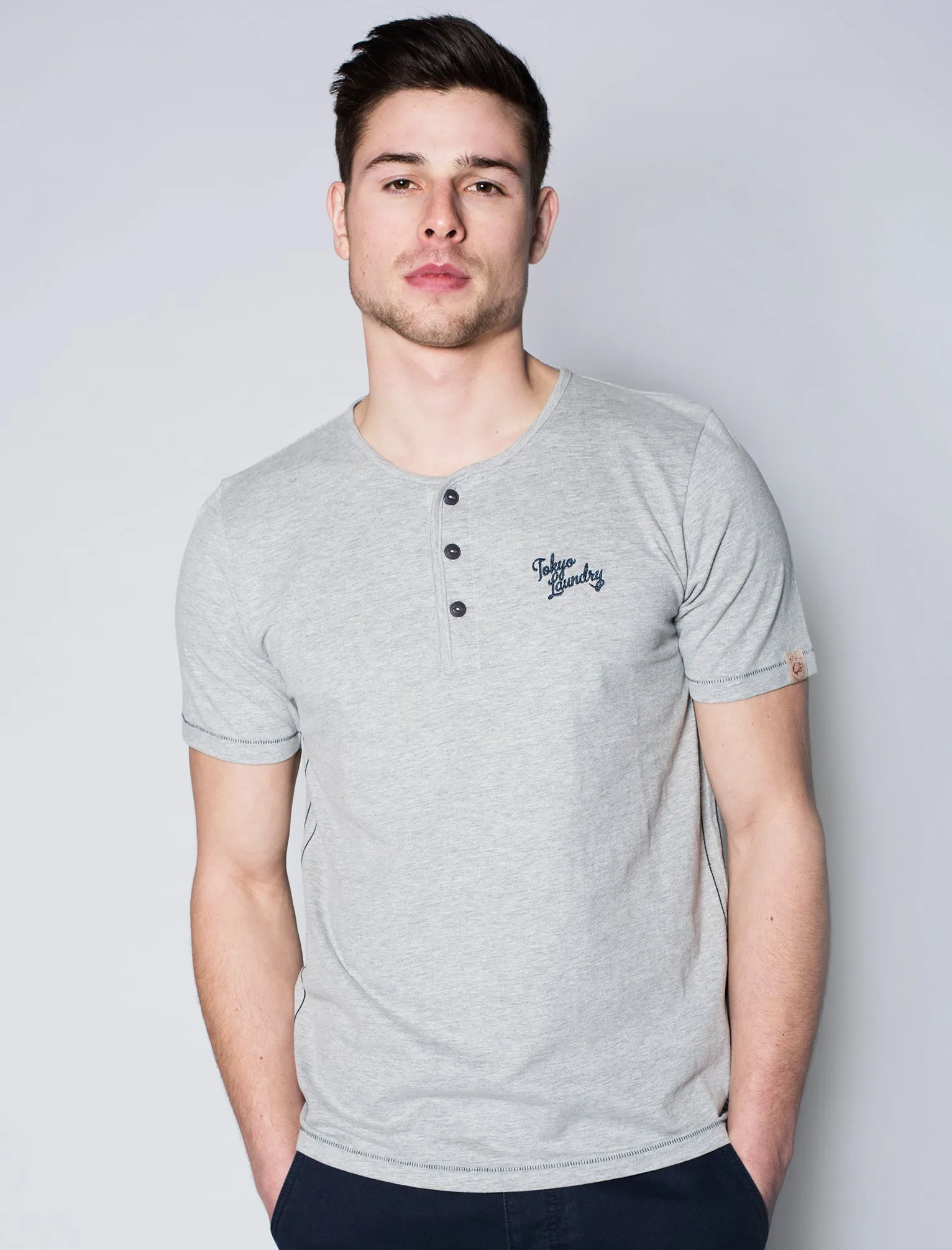 Essential Henley T-Shirt in Light Grey Marl - Tokyo Laundry