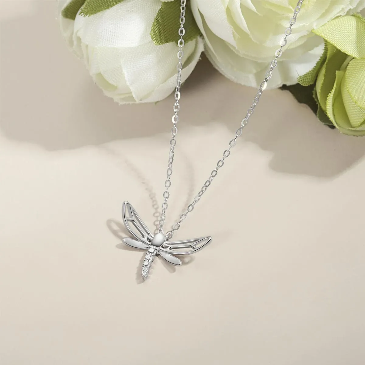FANCIME CZ Dragonfly 14k Solid White Gold Necklace