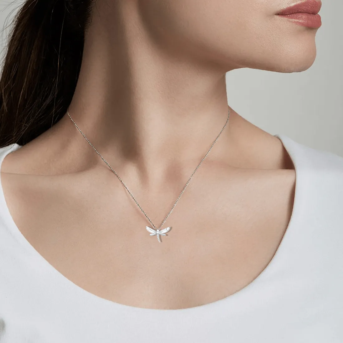 FANCIME CZ Dragonfly 14k Solid White Gold Necklace