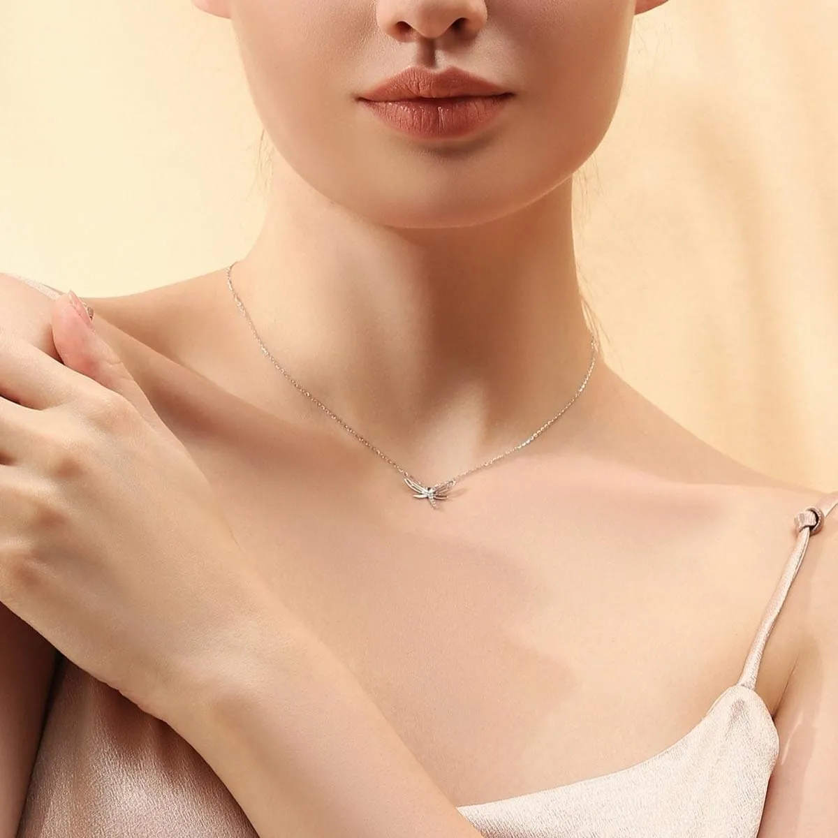FANCIME CZ Dragonfly 14k Solid White Gold Necklace