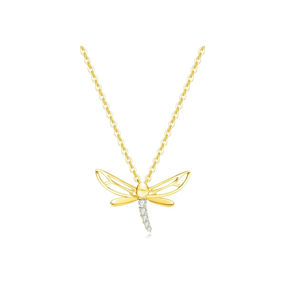 FANCIME CZ Dragonfly 14k Solid Yellow Gold Necklace