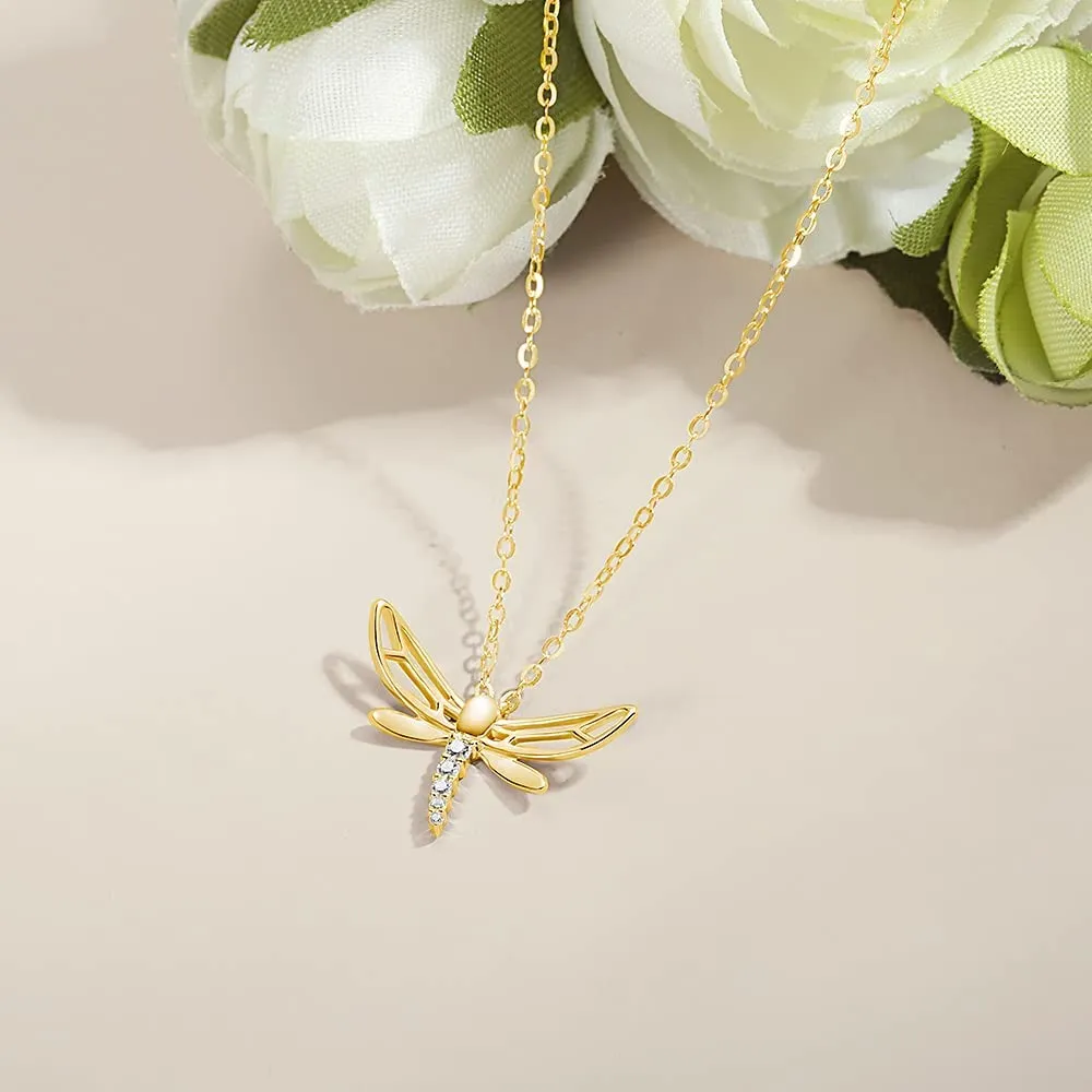 FANCIME CZ Dragonfly 14k Solid Yellow Gold Necklace