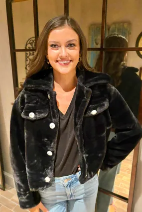 Faux Fur Button Jacket Black