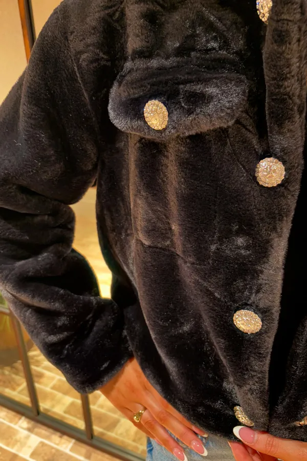 Faux Fur Button Jacket Black