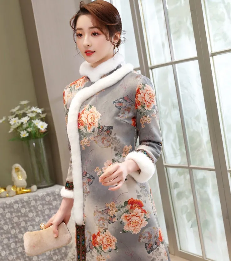Floral Suede Fur Edge Traditional Cheongsam Wadded Chinese Dress