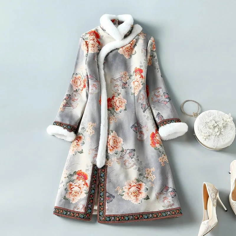 Floral Suede Fur Edge Traditional Cheongsam Wadded Chinese Dress
