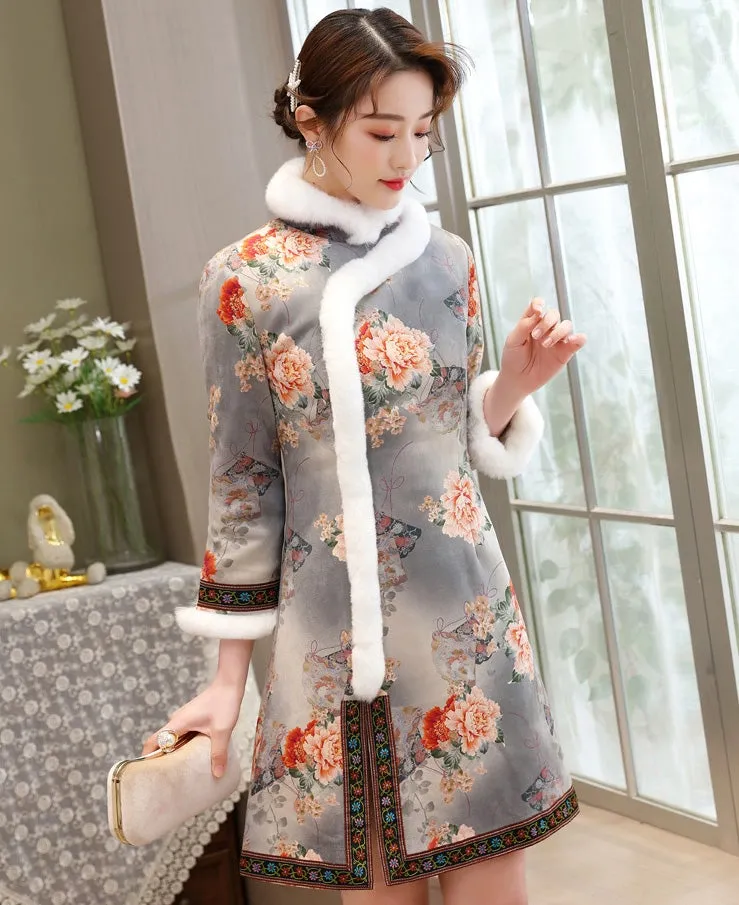 Floral Suede Fur Edge Traditional Cheongsam Wadded Chinese Dress