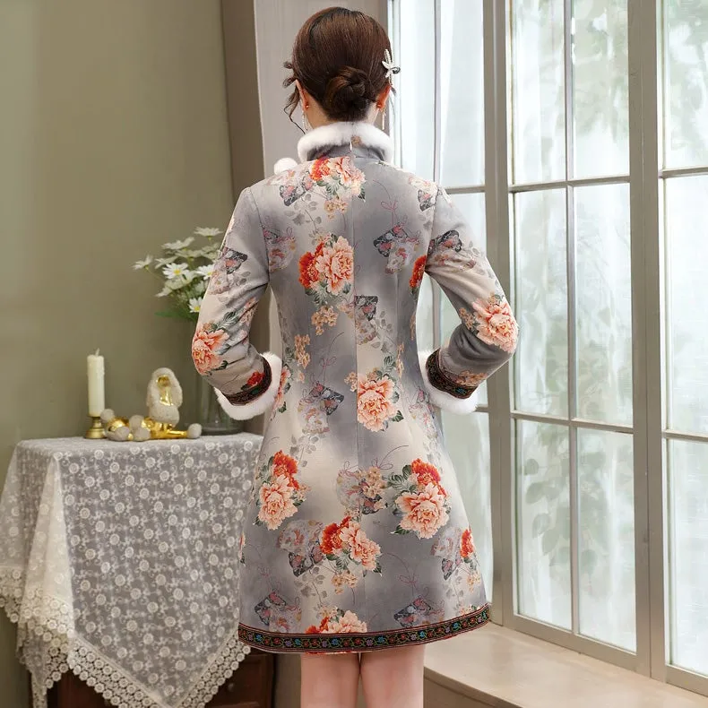 Floral Suede Fur Edge Traditional Cheongsam Wadded Chinese Dress