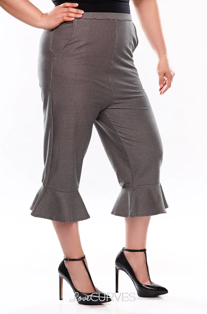 Frill Hem Cropped Pants with Side Pockets - Vintage Houndstooth - OLI