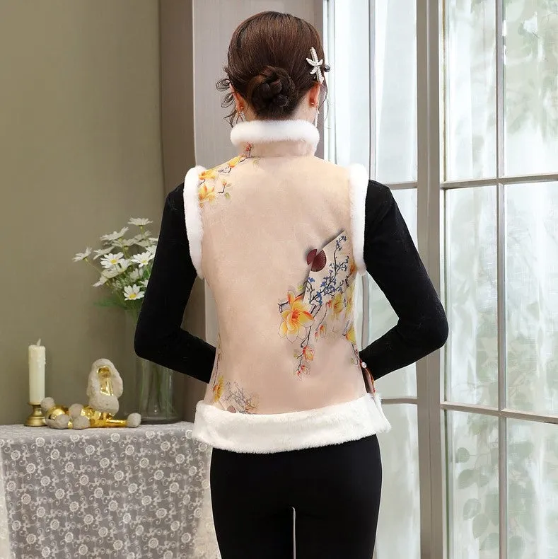 Fur Edge Floral Suede Chinese Style Waistcoat Vest