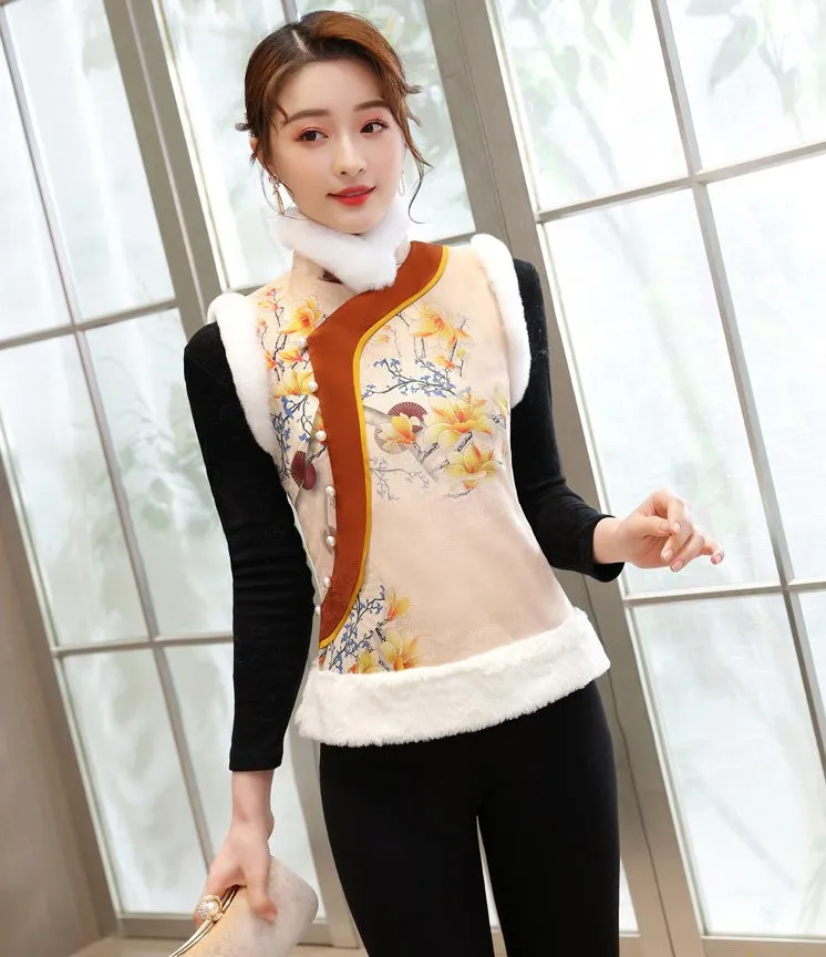 Fur Edge Floral Suede Chinese Style Waistcoat Vest