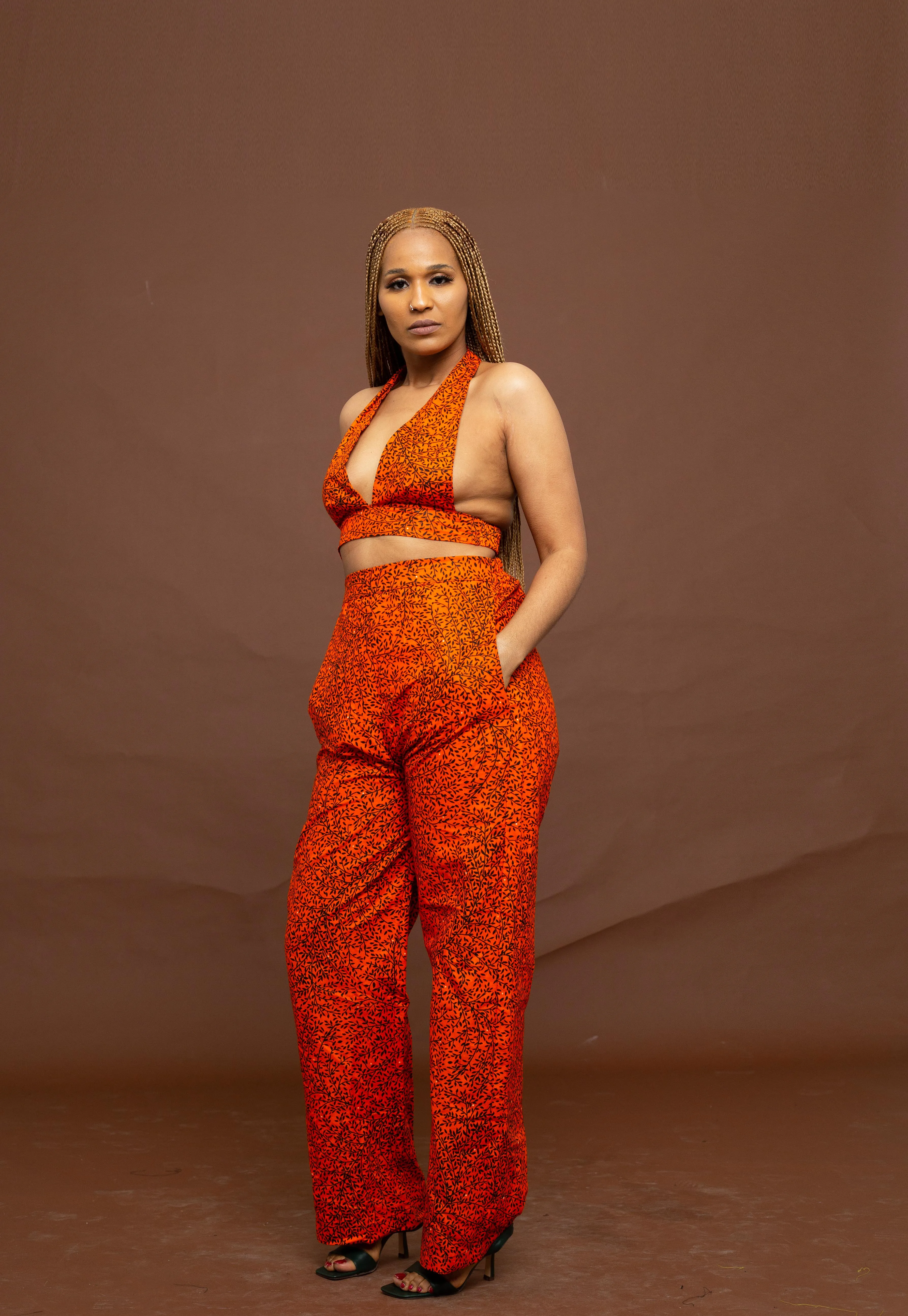 Gelly Ankara High Waisted Trouser | Orange and Black African Print