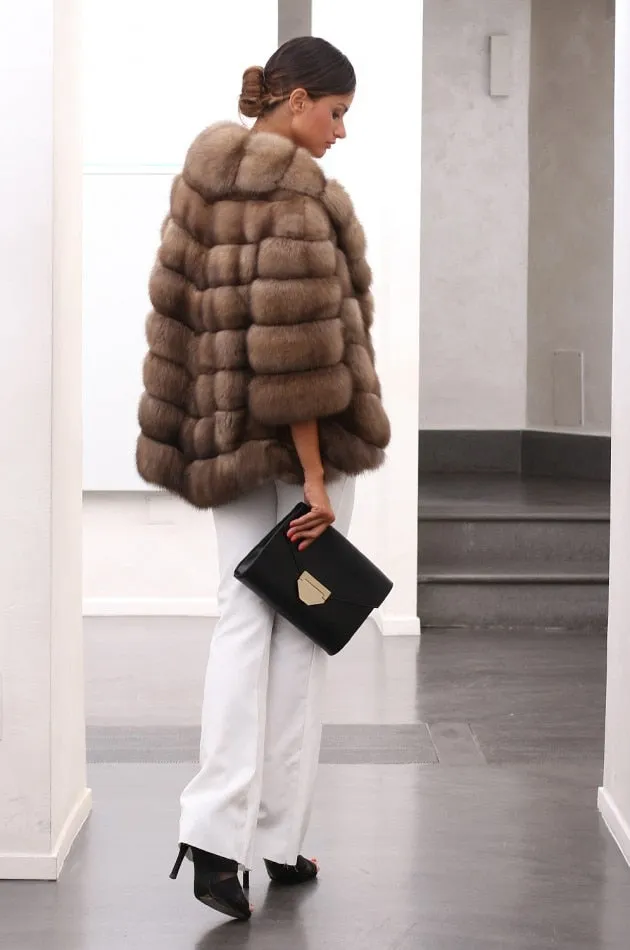Genuine Fox Fur Jacket With Turn-down Collar Luxury Coat