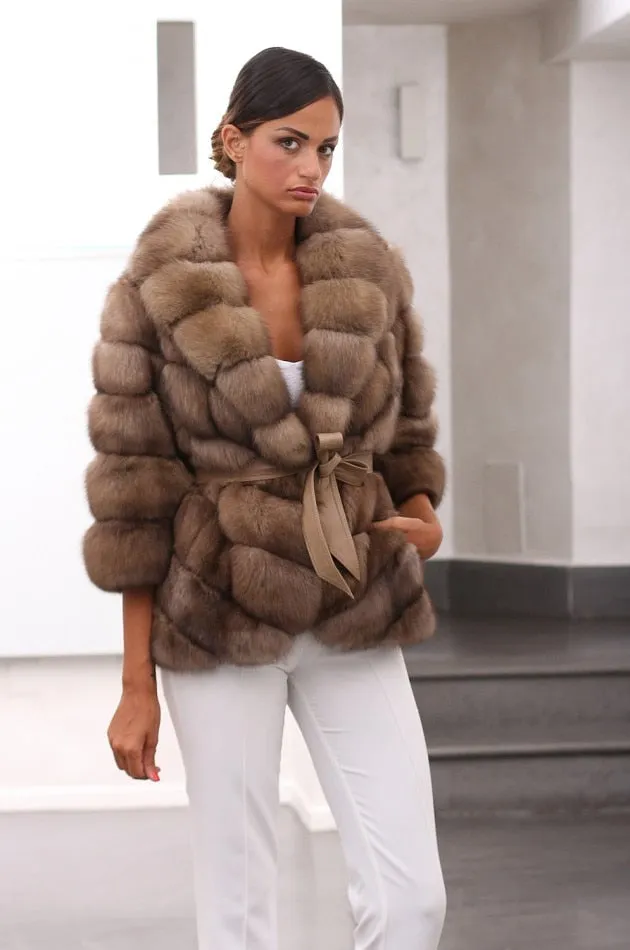 Genuine Fox Fur Jacket With Turn-down Collar Luxury Coat