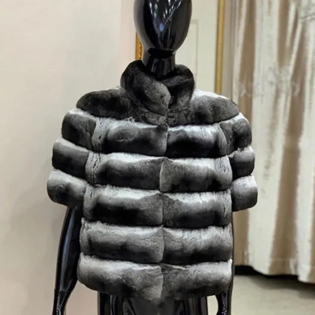Genuine Rex Rabbit Fur Short Chinchilla Rabbit Half Sleeves Coat
