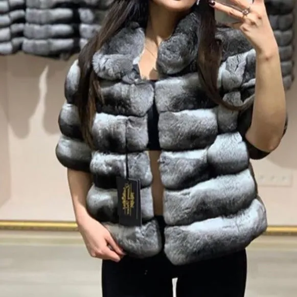 Genuine Rex Rabbit Fur Short Chinchilla Rabbit Half Sleeves Coat