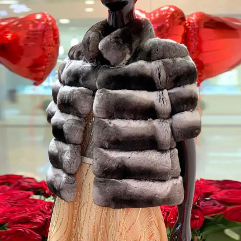 Genuine Rex Rabbit Fur Short Chinchilla Rabbit Half Sleeves Coat