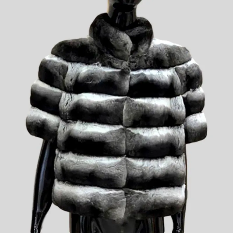 Genuine Rex Rabbit Fur Short Chinchilla Rabbit Half Sleeves Coat