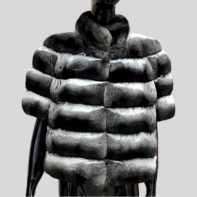 Genuine Rex Rabbit Fur Short Chinchilla Rabbit Half Sleeves Coat