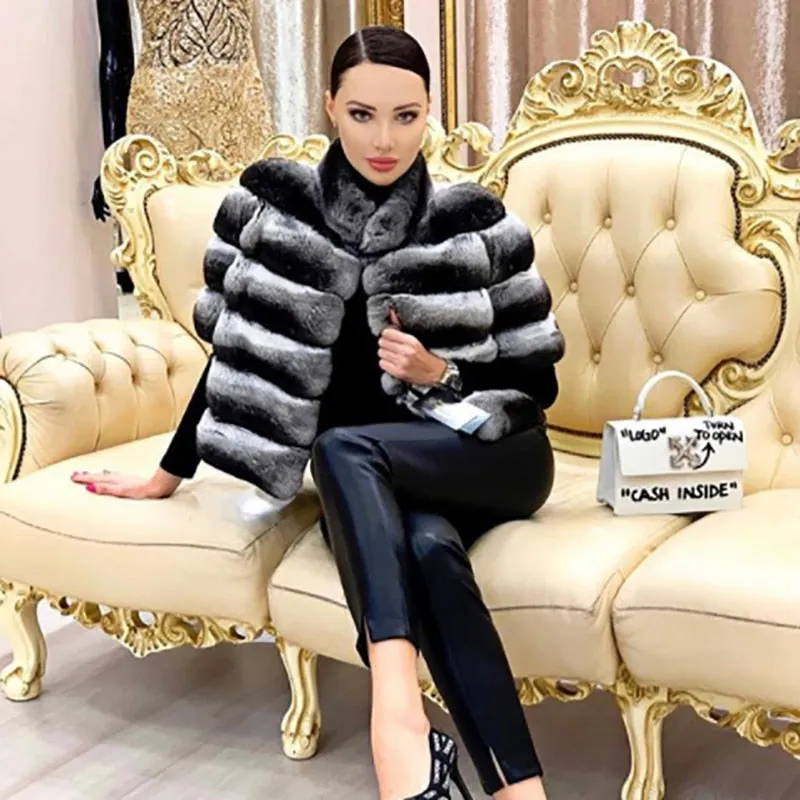 Genuine Rex Rabbit Fur Short Chinchilla Rabbit Half Sleeves Coat