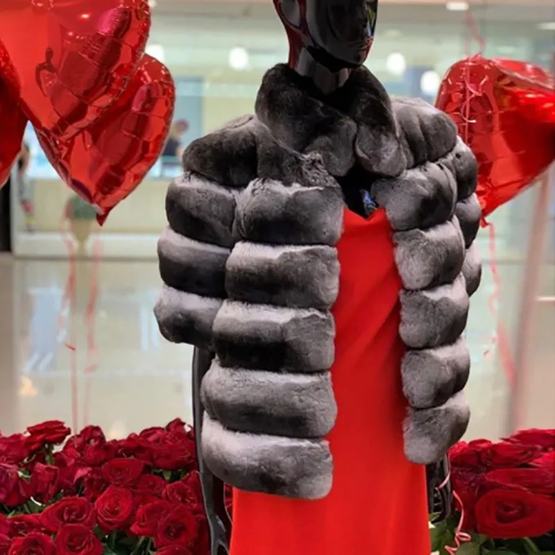 Genuine Rex Rabbit Fur Short Chinchilla Rabbit Half Sleeves Coat