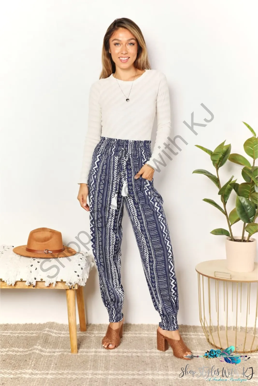 Geometric Print Tassel High-Rise Pants