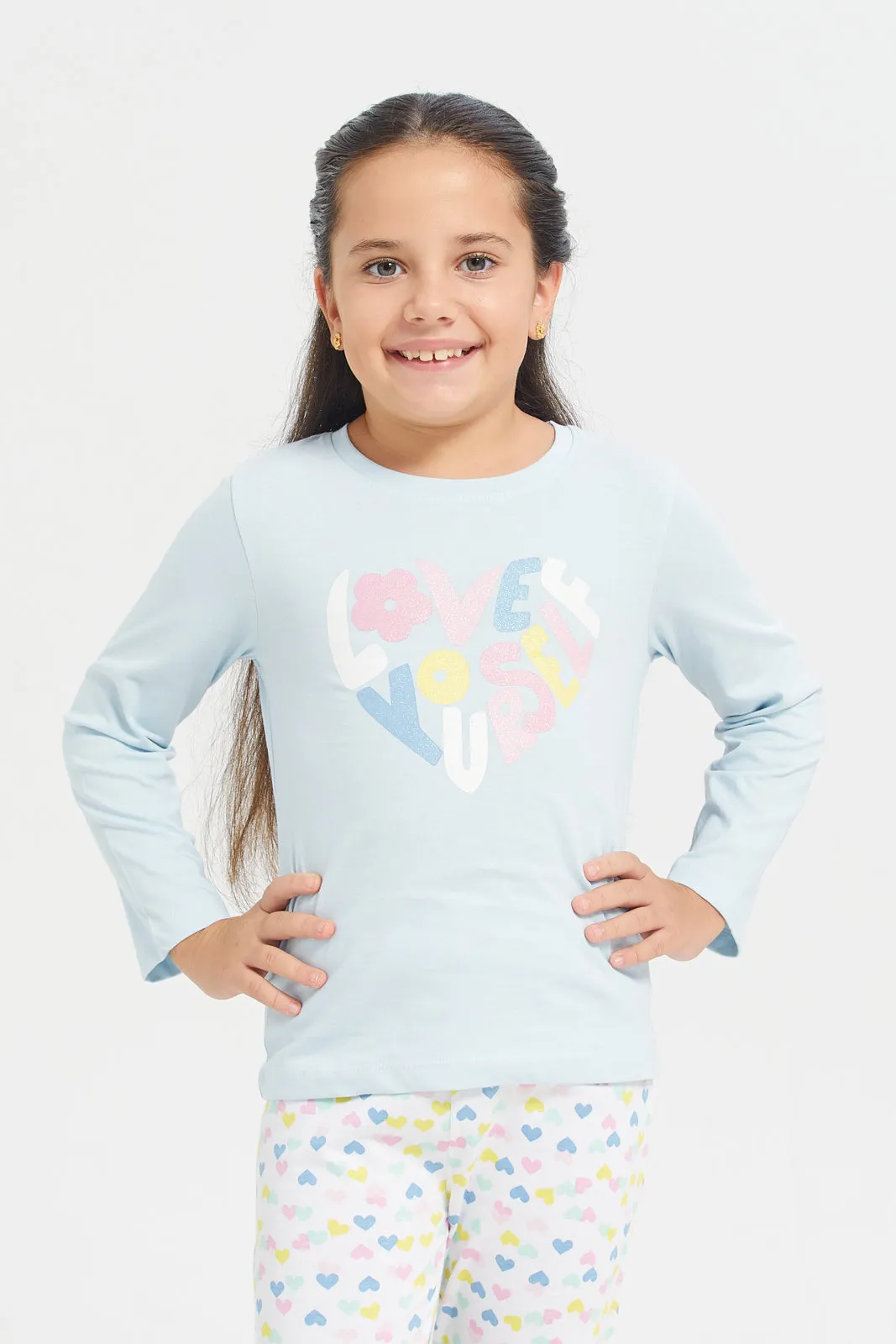 Girls Blue Hearts Print Pyjama Set (2 Piece)