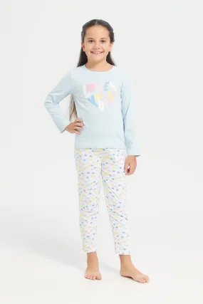 Girls Blue Hearts Print Pyjama Set (2 Piece)