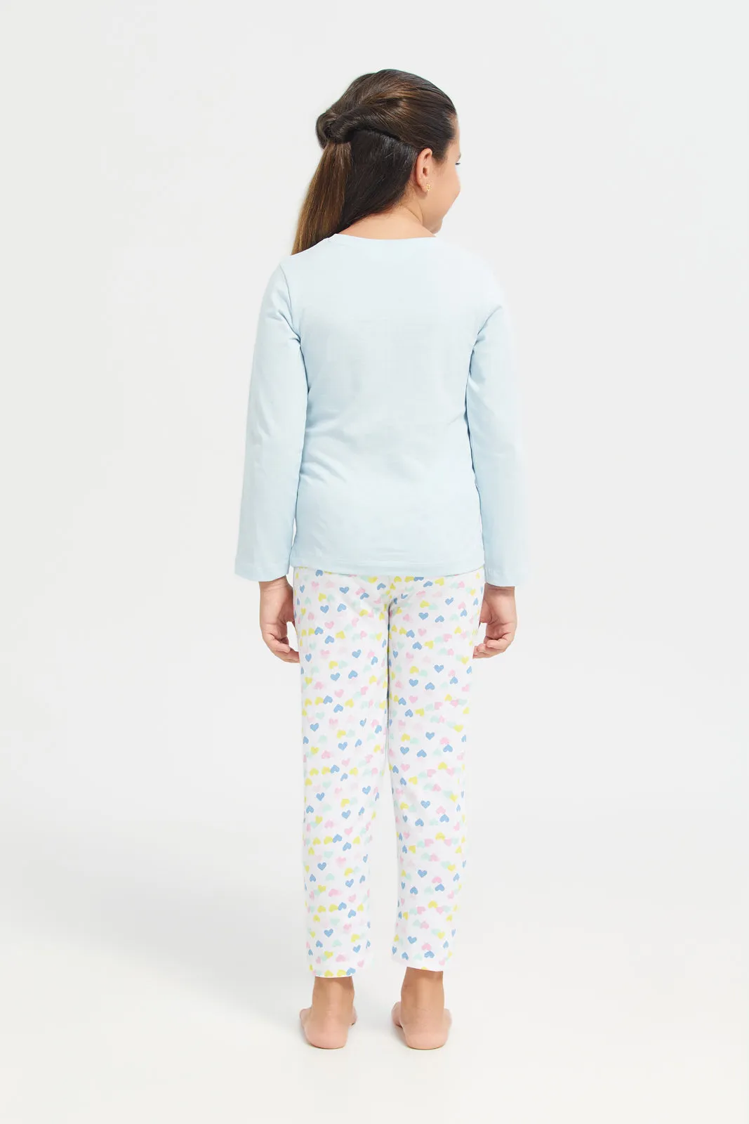 Girls Blue Hearts Print Pyjama Set (2 Piece)