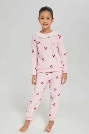 Girls Pink Cherry Embossed Pajama Set (2 Piece)