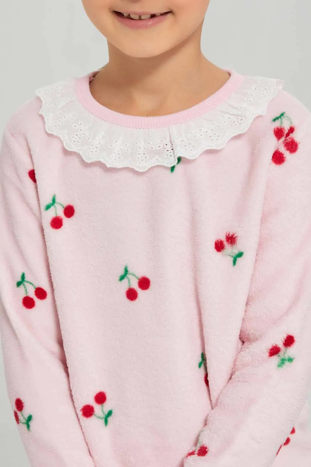 Girls Pink Cherry Embossed Pajama Set (2 Piece)
