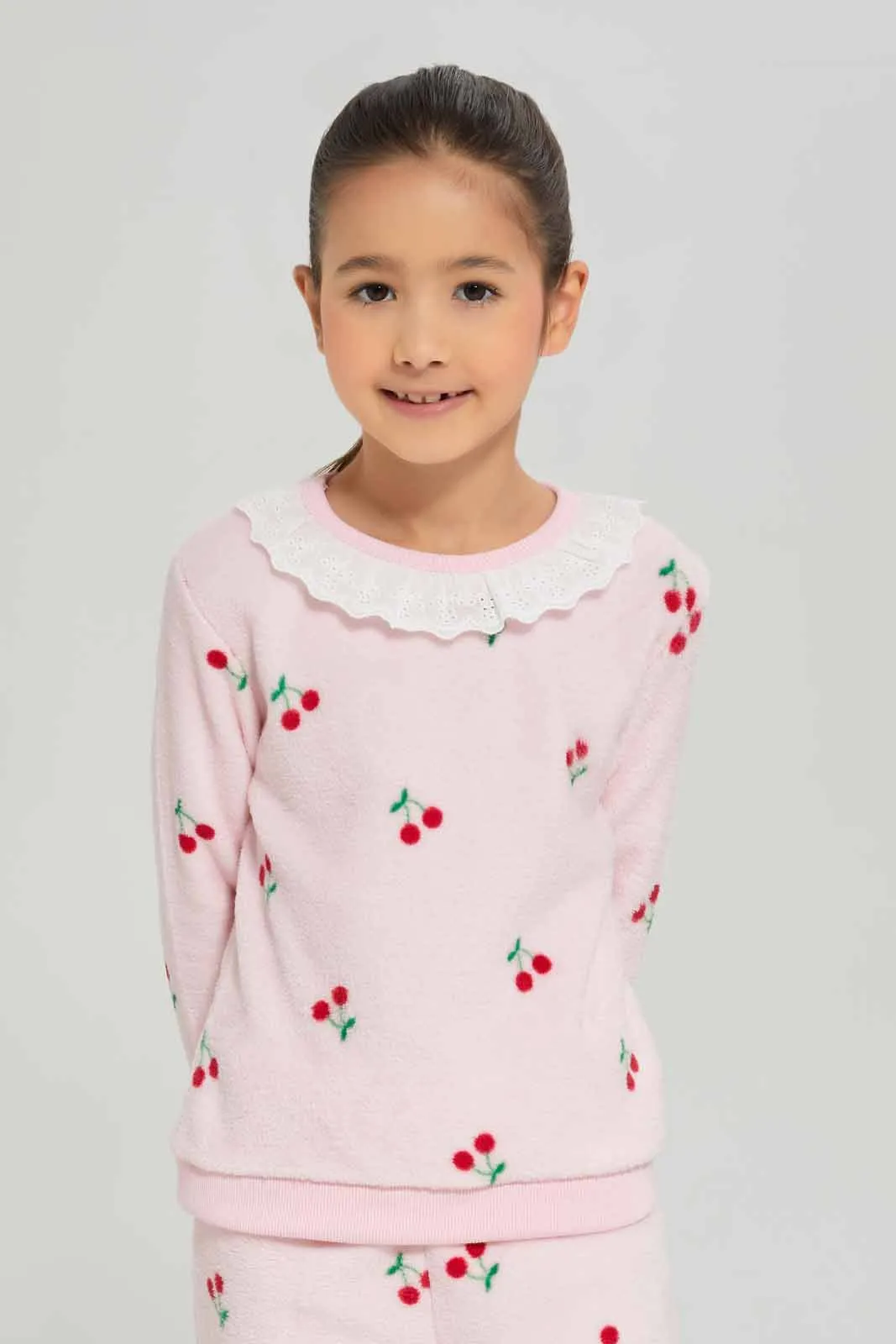 Girls Pink Cherry Embossed Pajama Set (2 Piece)