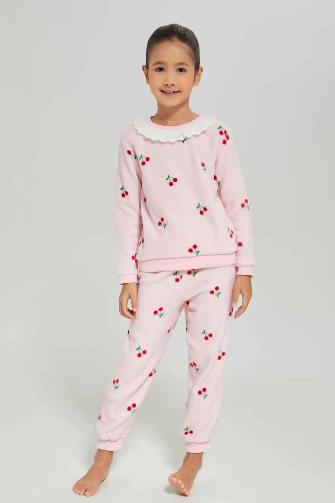 Girls Pink Cherry Embossed Pajama Set (2 Piece)