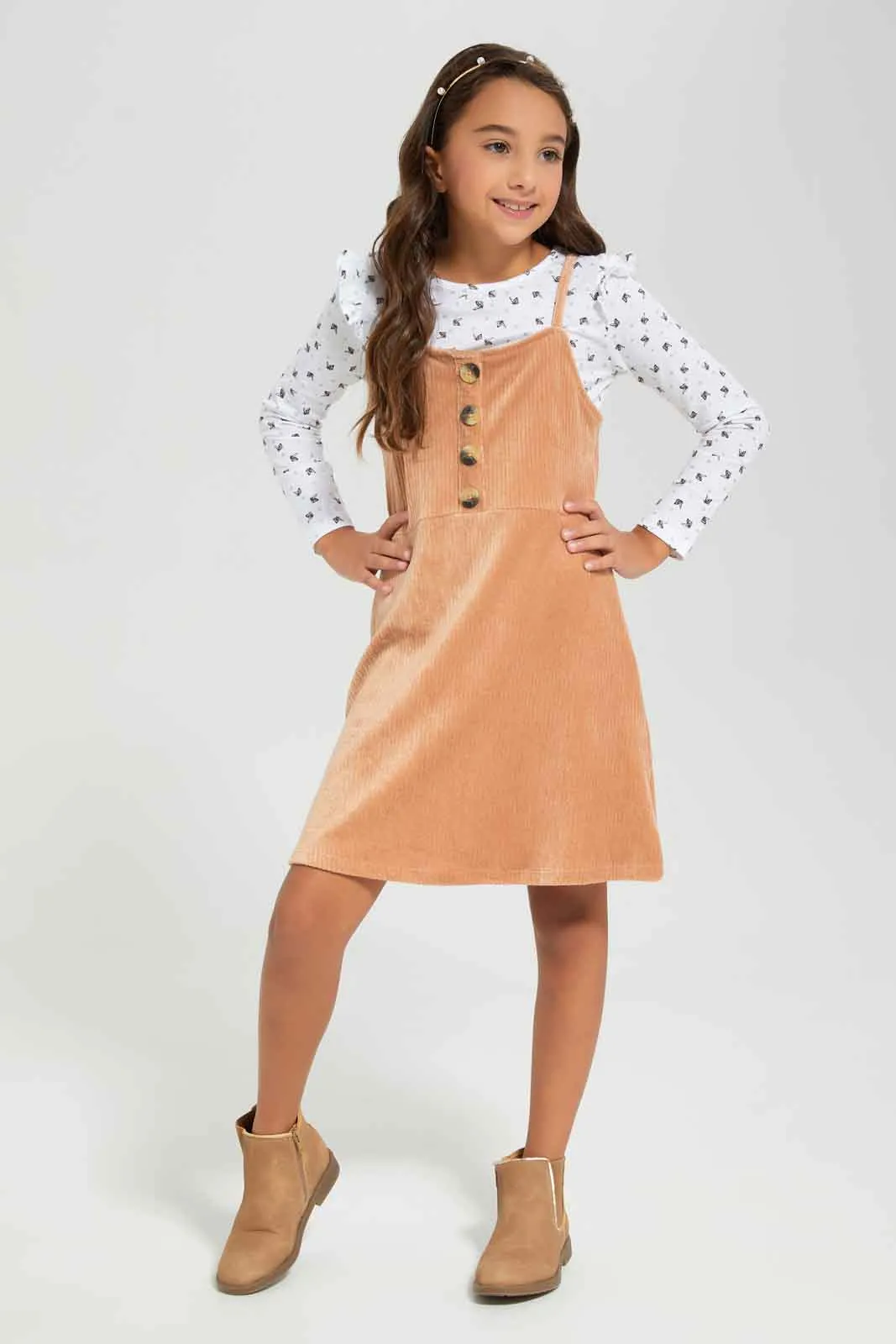 Girls White T-Shirt With Beige Velour Dress Sets (2 Piece)