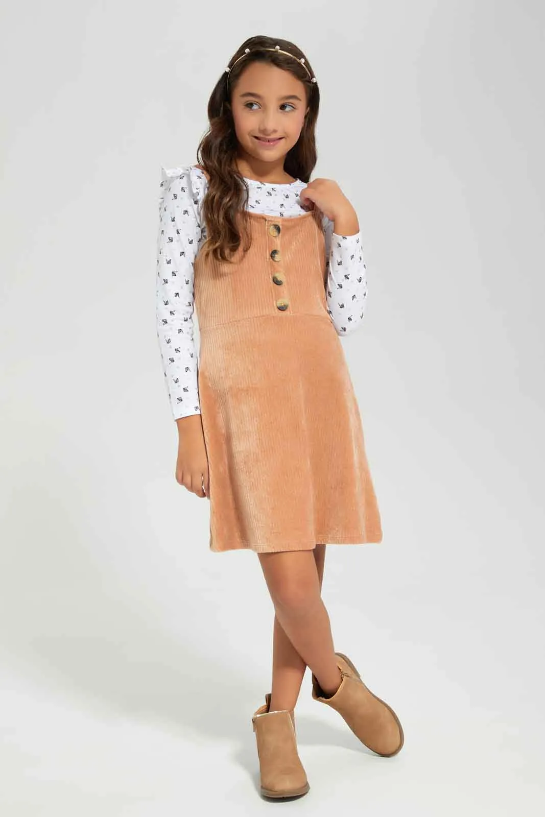 Girls White T-Shirt With Beige Velour Dress Sets (2 Piece)