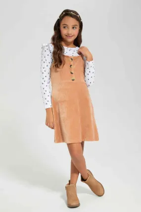 Girls White T-Shirt With Beige Velour Dress Sets (2 Piece)