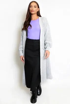Grey Casual Knit Puff Sleeve Loose Cardigan