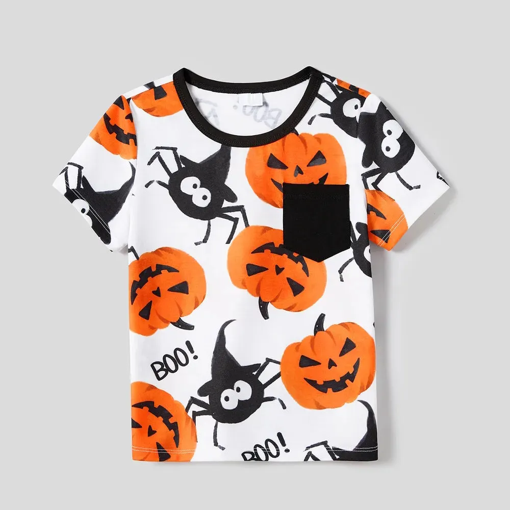 Halloween Family Matching  Dress Pumpkin Dresses and Short Sleeve T Shirt Tops Sets