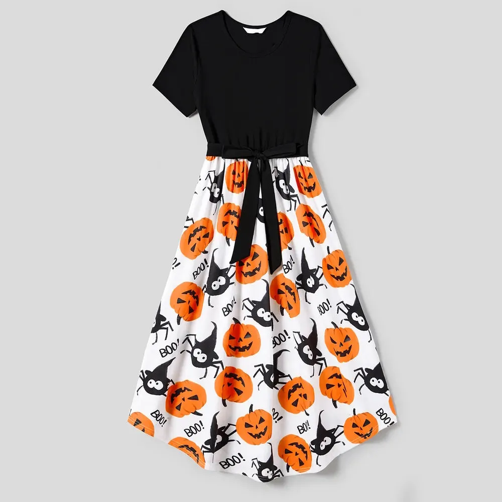 Halloween Family Matching  Dress Pumpkin Dresses and Short Sleeve T Shirt Tops Sets