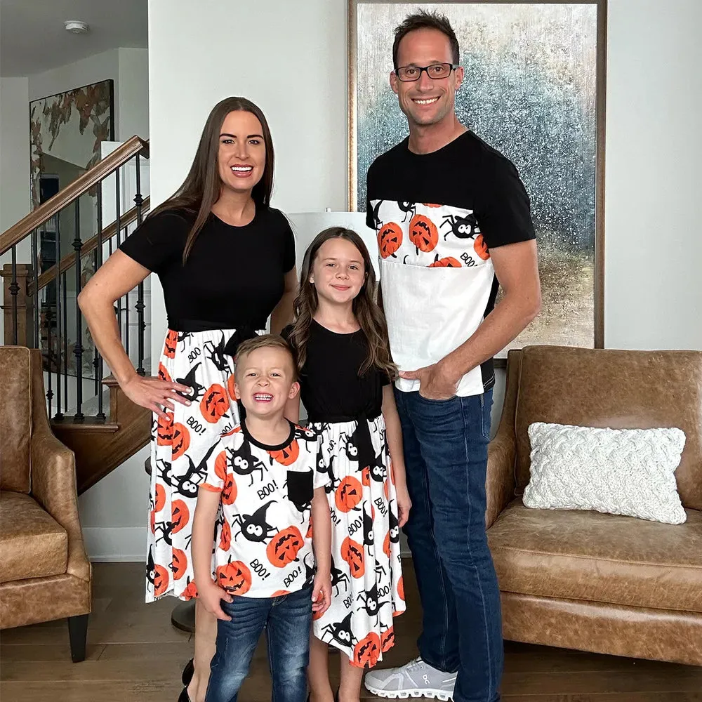 Halloween Family Matching  Dress Pumpkin Dresses and Short Sleeve T Shirt Tops Sets