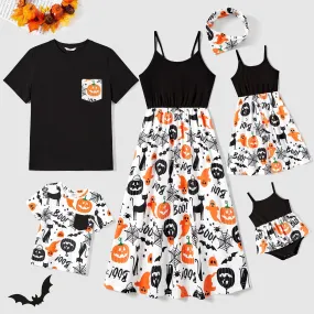 Halloween Family Matching  Dress Pumpkin Dresses and Short Sleeve T Shirt Tops Sets
