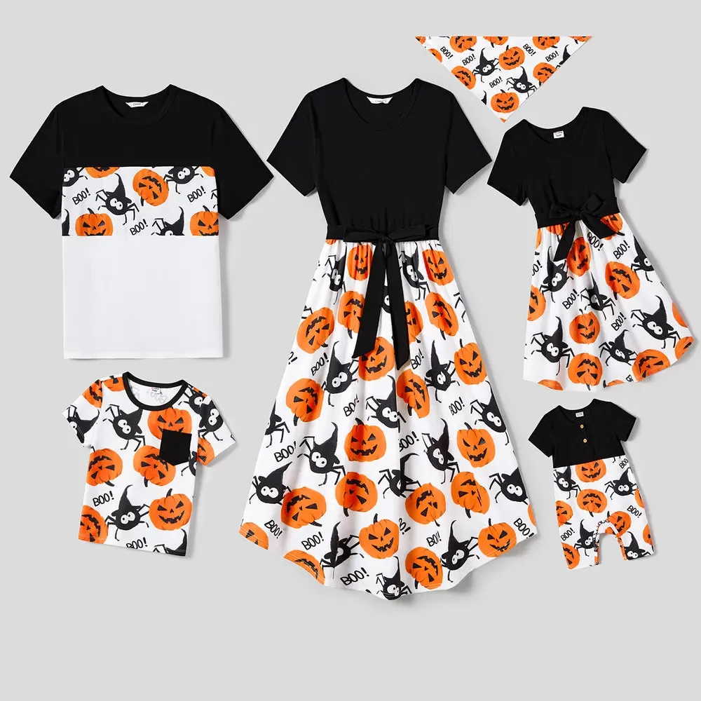 Halloween Family Matching  Dress Pumpkin Dresses and Short Sleeve T Shirt Tops Sets