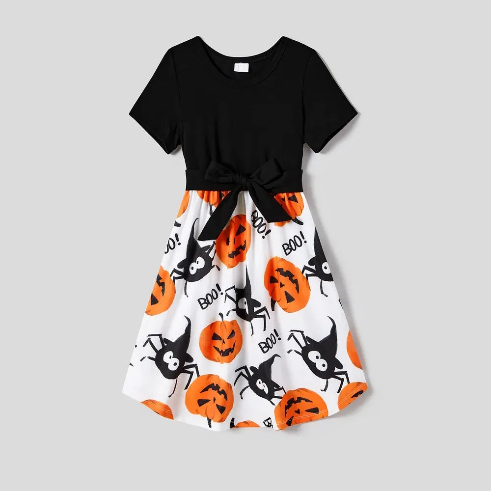 Halloween Family Matching  Dress Pumpkin Dresses and Short Sleeve T Shirt Tops Sets