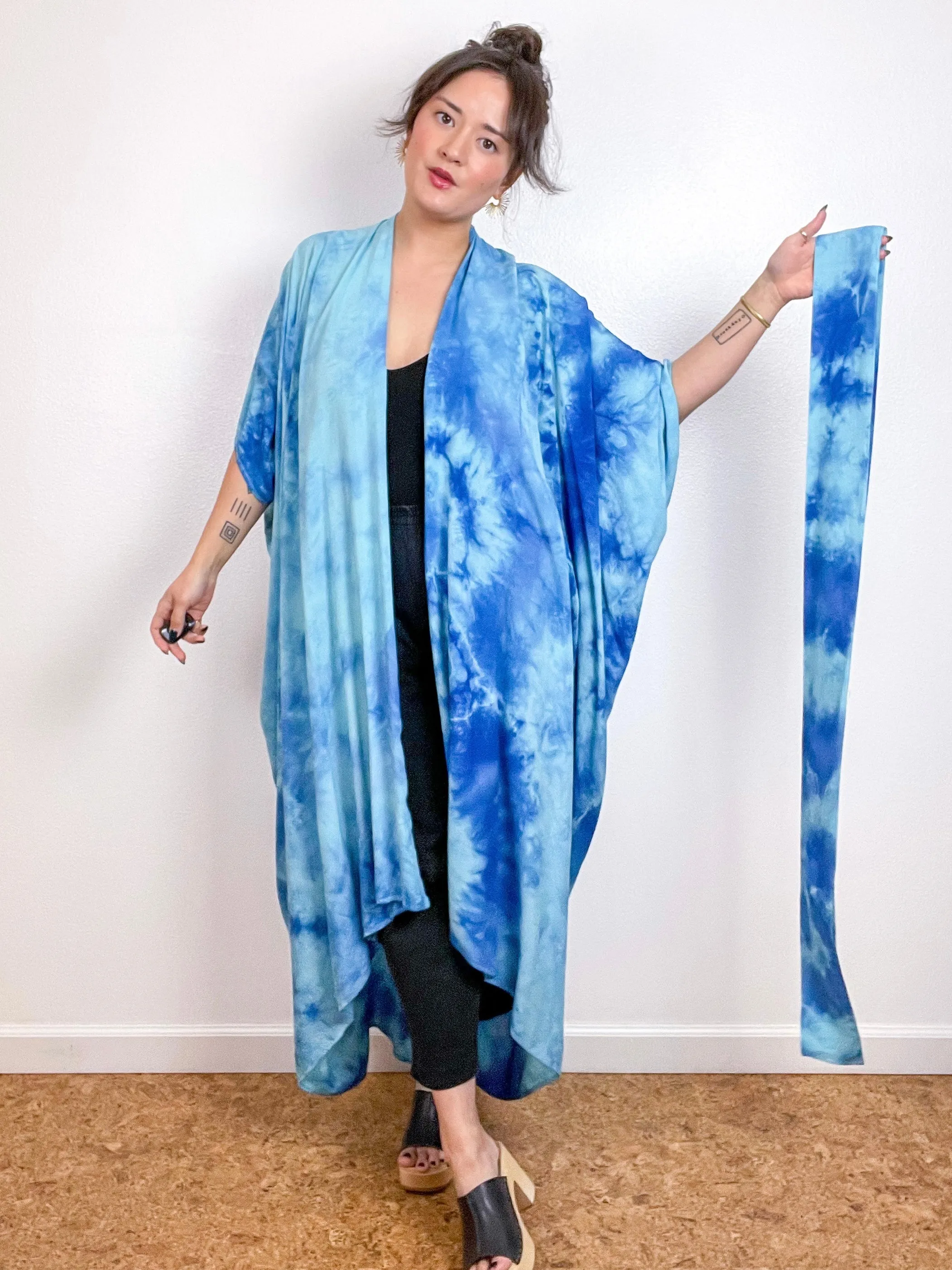 Hand-Dyed High Low Kimono Aqua Royal Tie