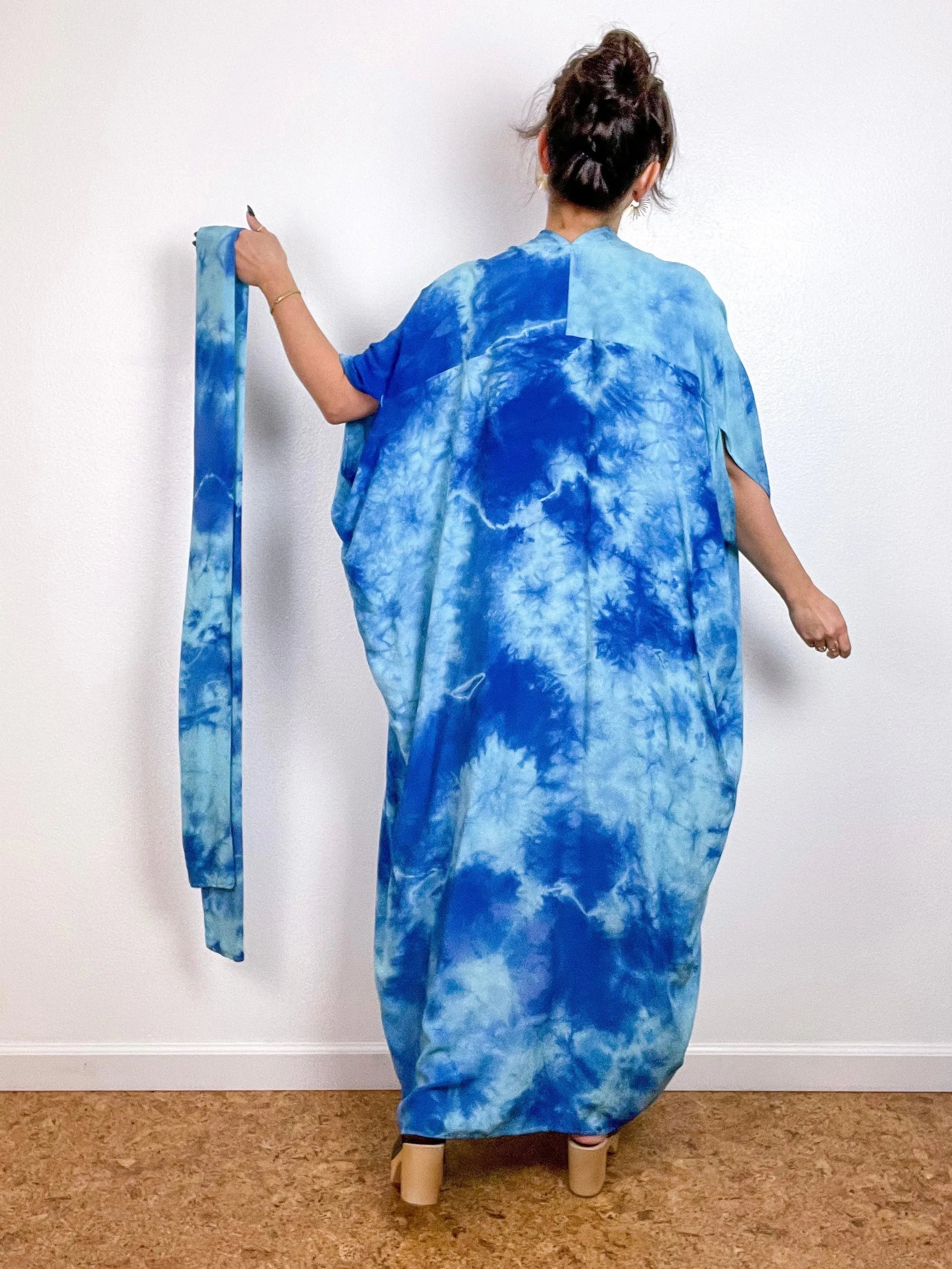Hand-Dyed High Low Kimono Aqua Royal Tie