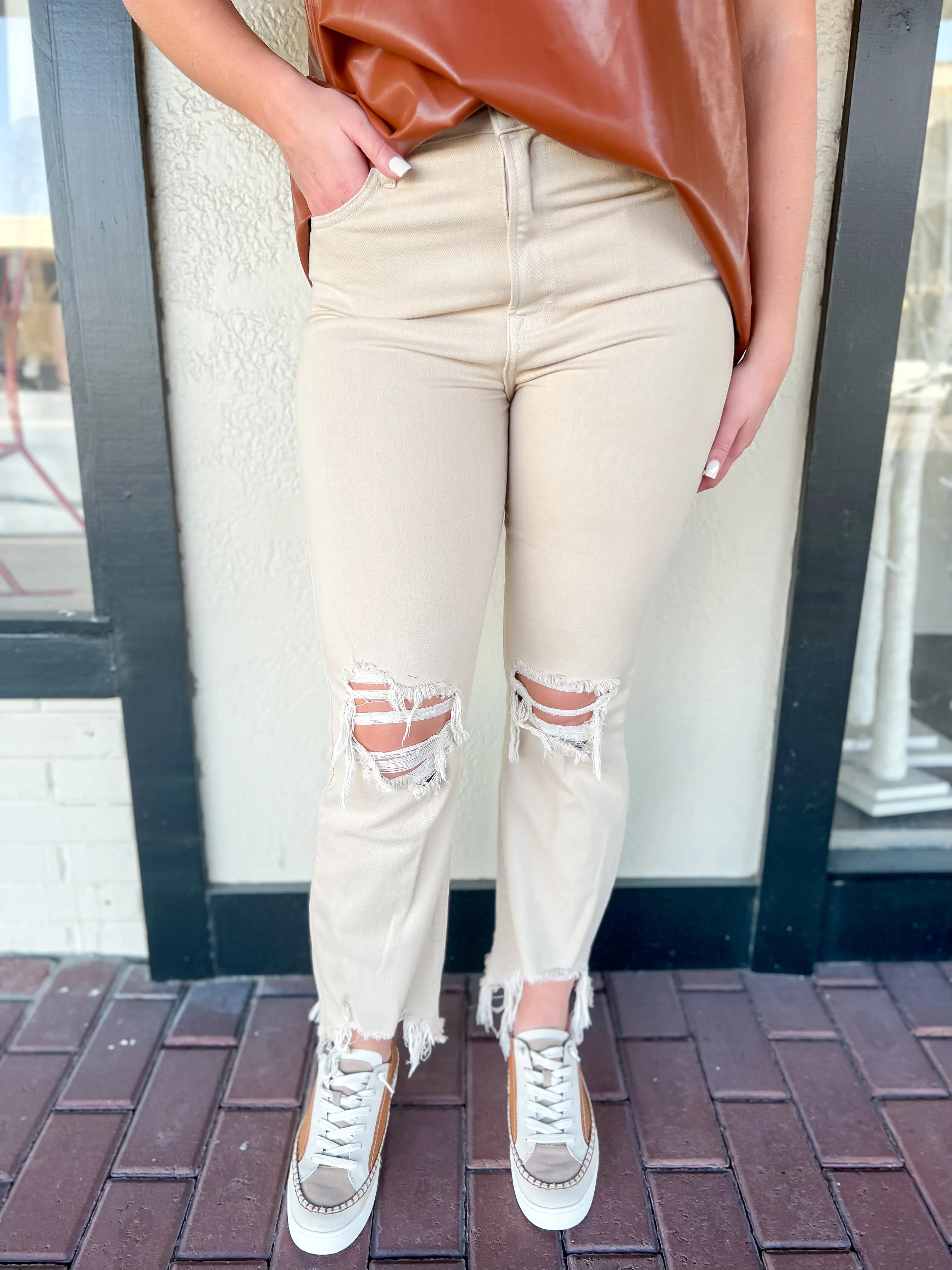 {Hidden} Happi High Rise Crop Flare-Khaki
