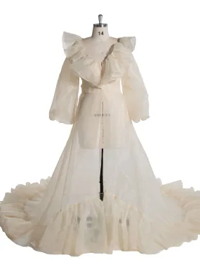 High Waist Puffy Sleeves Ruffles Cream Maternity Photoshoot Dress YW231095-1