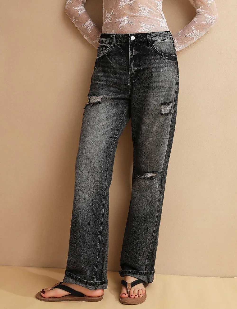 High Waist Stright Leg Daily Denim Pants Jeans SKP6733