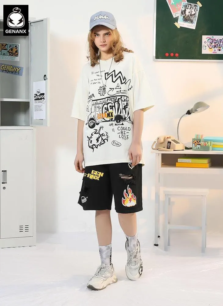 Hip Hop Graffiti Print Ripped Denim Shorts