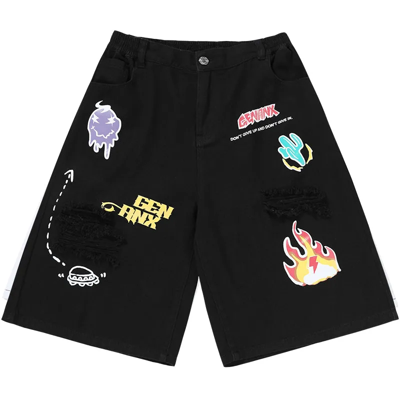 Hip Hop Graffiti Print Ripped Denim Shorts